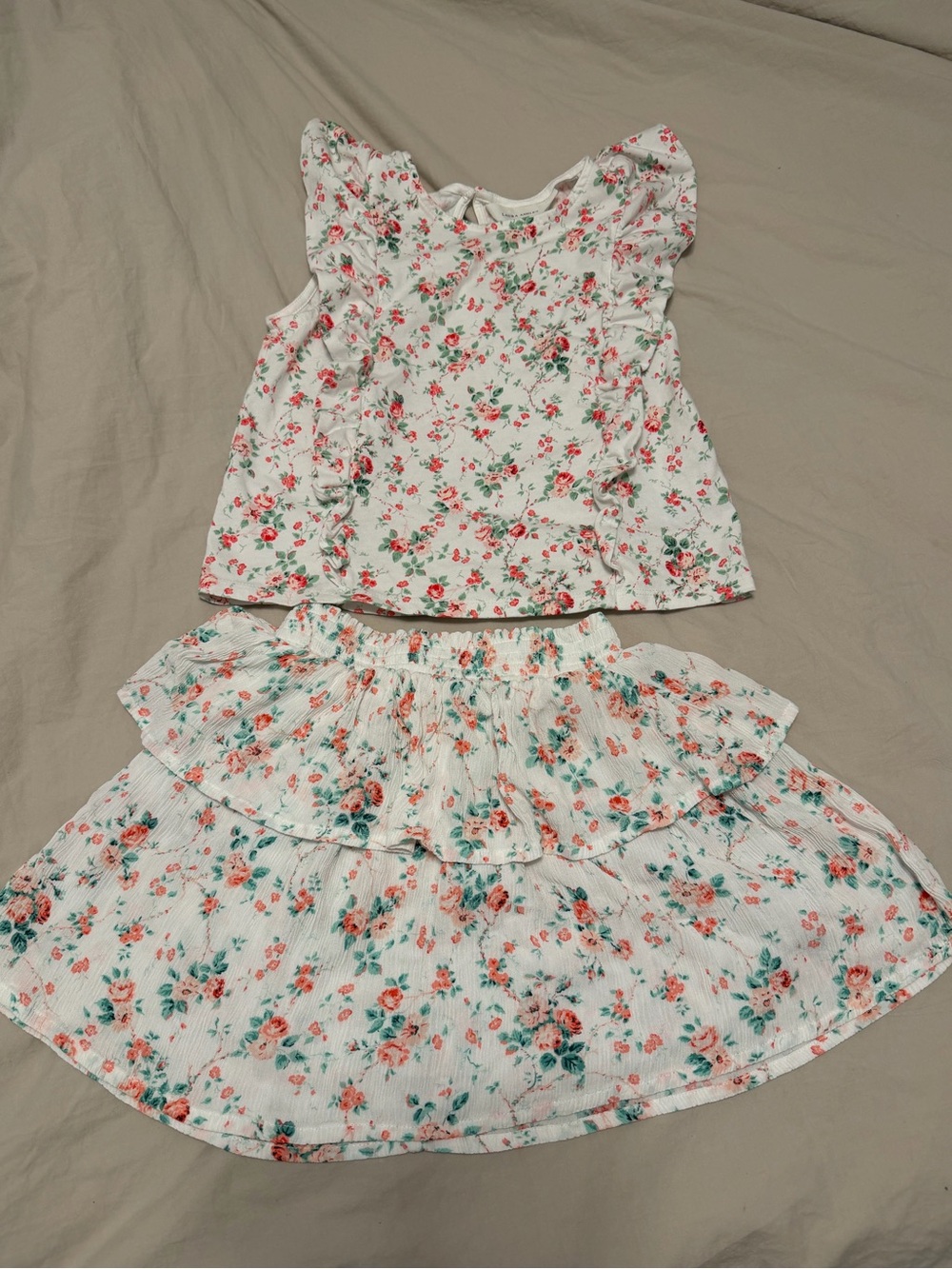 Laura Ashley (H&M) White Tank Top & Tiered Skirt Set with Pink & Green Floral